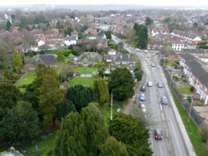 Ariel view of houses and road